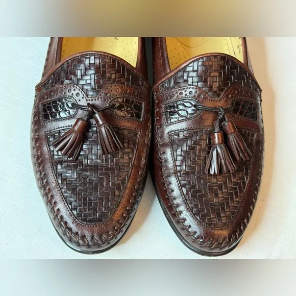 Mens Santoni woven Brown Leather Tassel Italian Loafers Dress shoes size 8.5