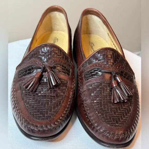 Mens Santoni woven Brown Leather Tassel Italian Loafers Dress shoes size 8.5