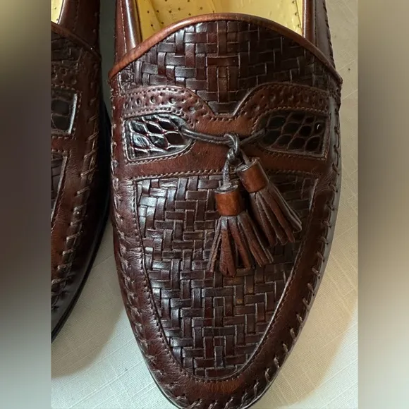 Mens Santoni woven Brown Leather Tassel Italian Loafers Dress shoes size 8.5