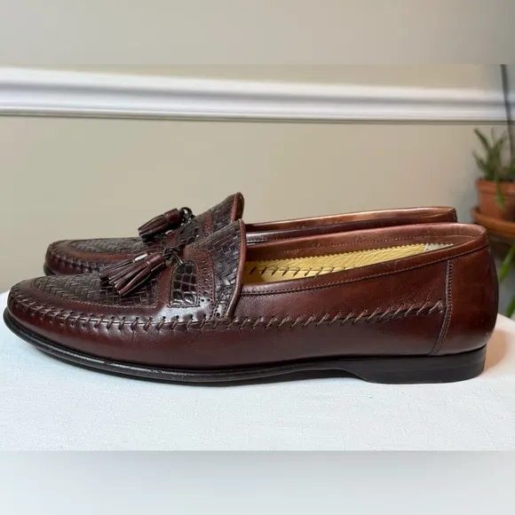 Mens Santoni woven Brown Leather Tassel Italian Loafers Dress shoes size 8.5