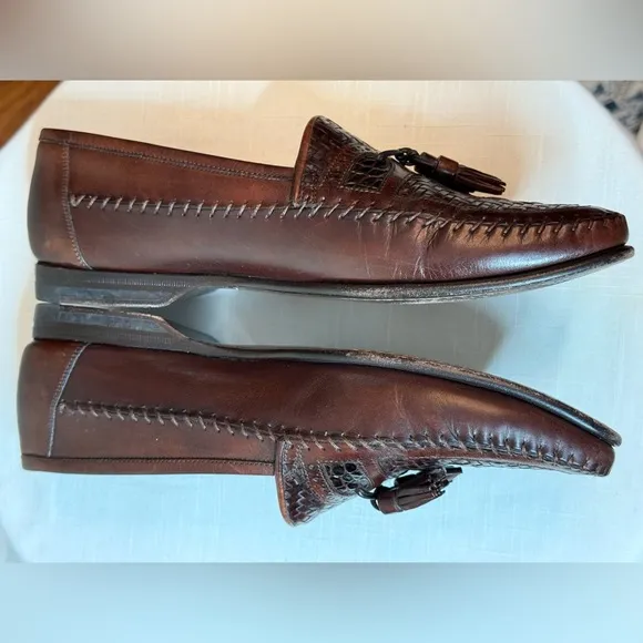 Mens Santoni woven Brown Leather Tassel Italian Loafers Dress shoes size 8.5