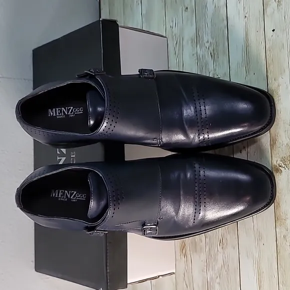 Menz GGG Double Monk‎ Strap Men's Dress Shoes Navy Blue Pleather Silver Hardware