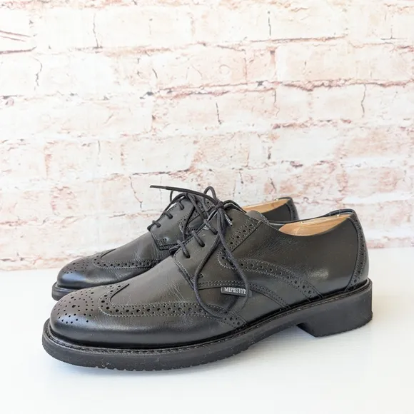 Mephisto Mens Leather Black Oxford Shoes with Broguing
