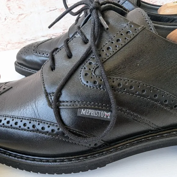 Mephisto Mens Leather Black Oxford Shoes with Broguing