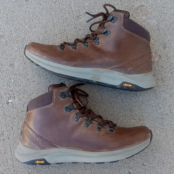 Merrell Boots Ontario Mid Mens Brown Leather Lace Up Hiking Shoes Size 12