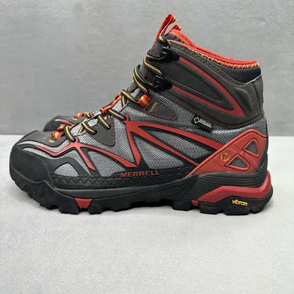 Merrell Capra Mid Sport GTX Mens Size 8.5 Boots Light Gray Red Hiking Gore-Tex