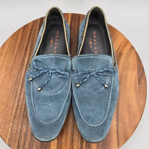 Mezlan Campin Dress Shoes Men's 9.5 M Blue Suede Leather Braided Trim Loafers