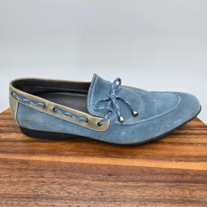 Mezlan Campin Dress Shoes Men's 9.5 M Blue Suede Leather Braided Trim Loafers