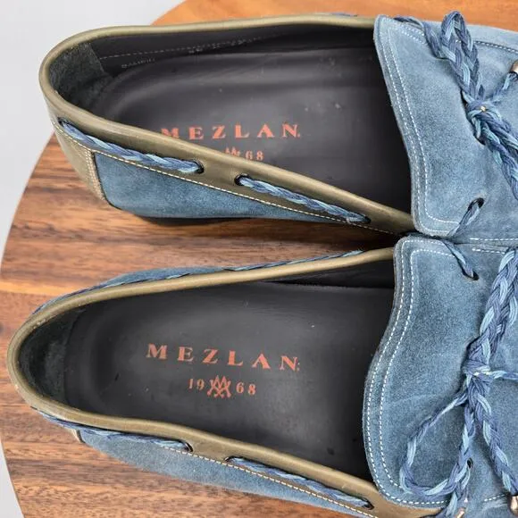 Mezlan Campin Dress Shoes Men's 9.5 M Blue Suede Leather Braided Trim Loafers