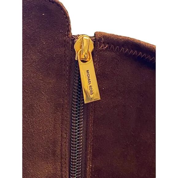 Michael Kors Braden Mid Boots Block Heels Side Zip Faux Suede Mocha Size 5.5M
