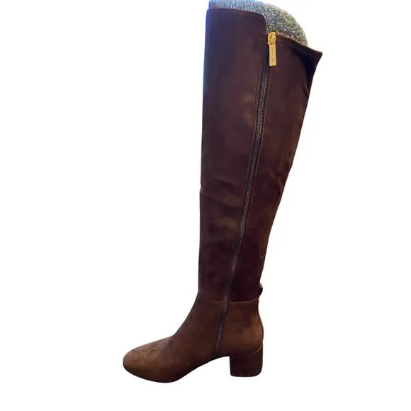 Michael Kors Braden Mid Boots Block Heels Side Zip Faux Suede Mocha Size 5.5M