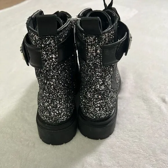 Michael Kors Stark Chunky Glitter Black and Silver Booties Moto 7 Women