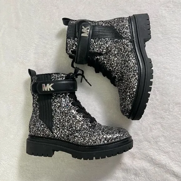 Michael Kors Stark Chunky Glitter Black and Silver Booties Moto 7 Women