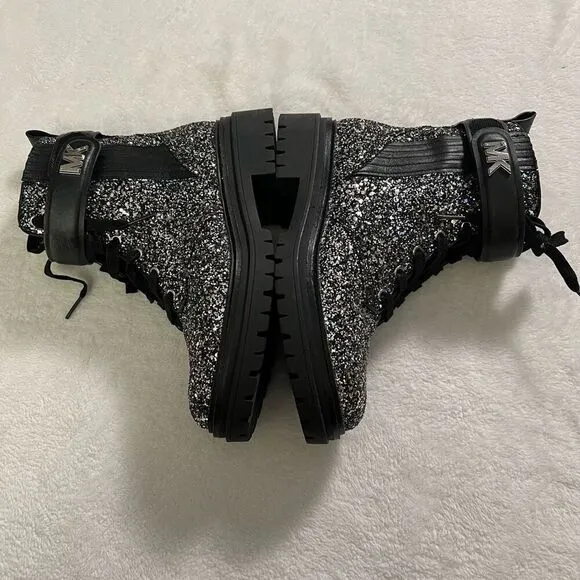 Michael Kors Stark Chunky Glitter Black and Silver Booties Moto 7 Women