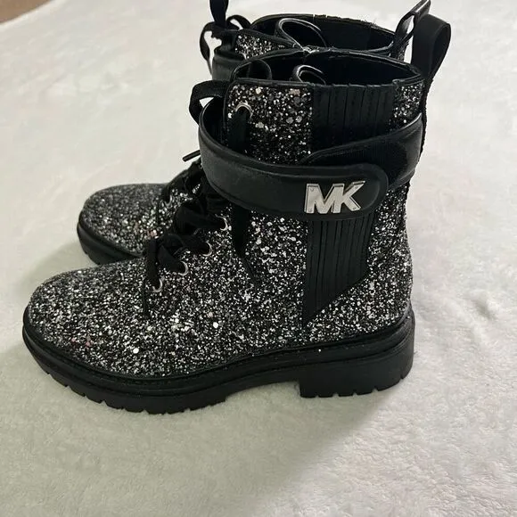 Michael Kors Stark Chunky Glitter Black and Silver Booties Moto 7 Women