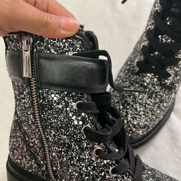 Michael Kors Stark Chunky Glitter Black and Silver Booties Moto 7 Women