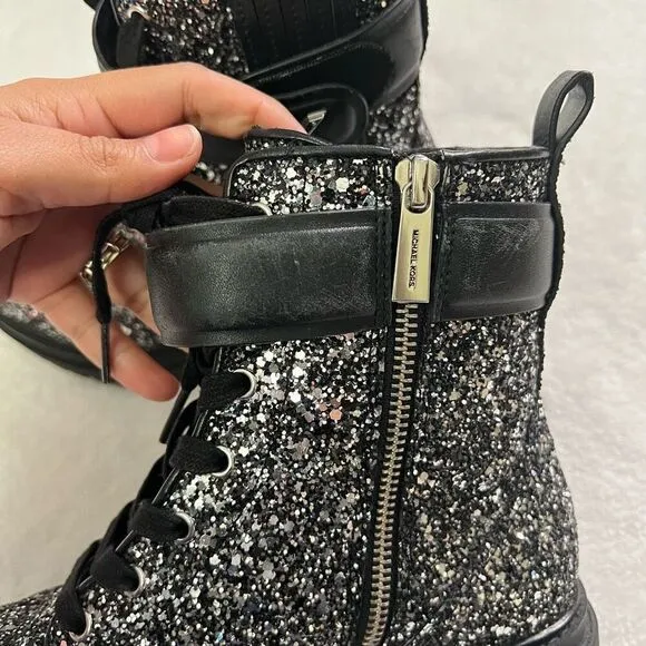 Michael Kors Stark Chunky Glitter Black and Silver Booties Moto 7 Women