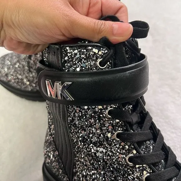 Michael Kors Stark Chunky Glitter Black and Silver Booties Moto 7 Women