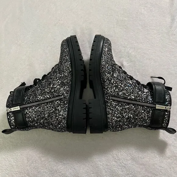 Michael Kors Stark Chunky Glitter Black and Silver Booties Moto 7 Women