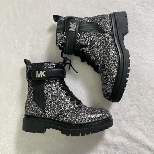 Michael Kors Stark Chunky Glitter Black and Silver Booties Moto 7 Women