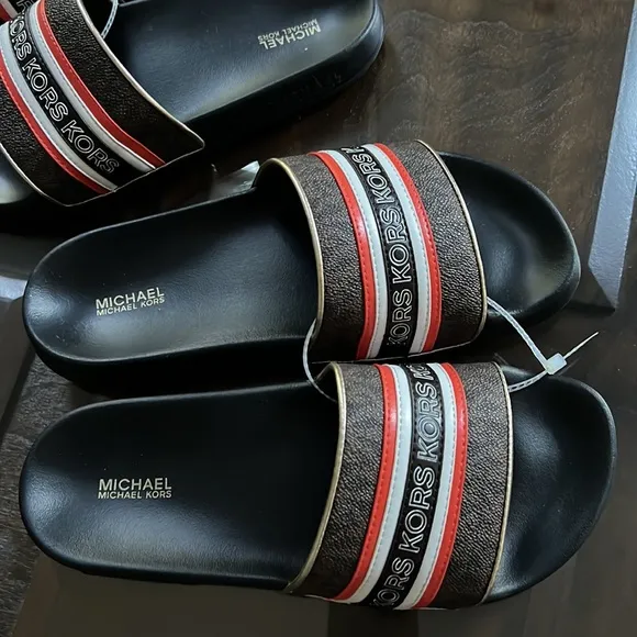 MICHAEL MICHAEL KORS Brandy Metallic Striped Logo Slide Sandal