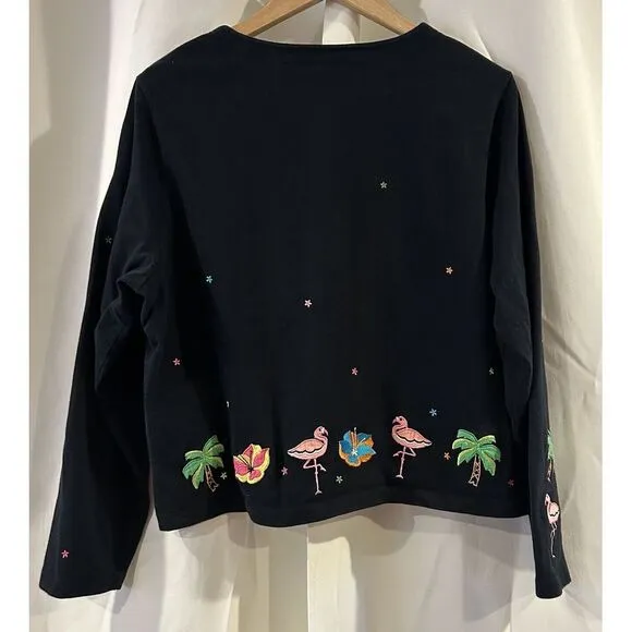 Michael Simon Sweater Womens XL Flamingo Palm Tropical‎ Embroidered Cardigan