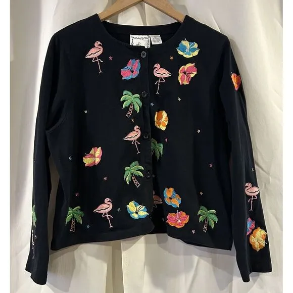 Michael Simon Sweater Womens XL Flamingo Palm Tropical‎ Embroidered Cardigan