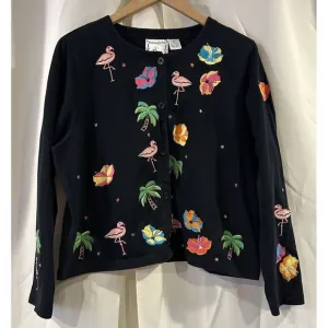 Michael Simon Sweater Womens XL Flamingo Palm Tropical‎ Embroidered Cardigan