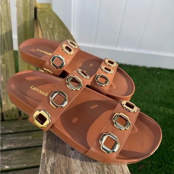 Milan Slide In Caramel Leather Larroudé Size 8 NWOB