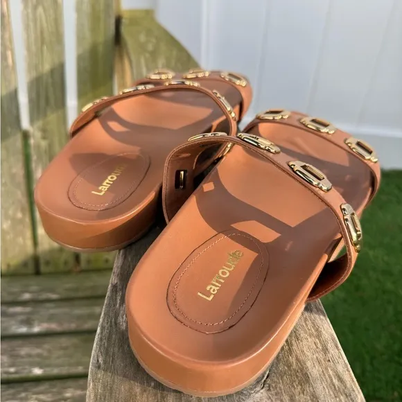 Milan Slide In Caramel Leather Larroudé Size 8 NWOB