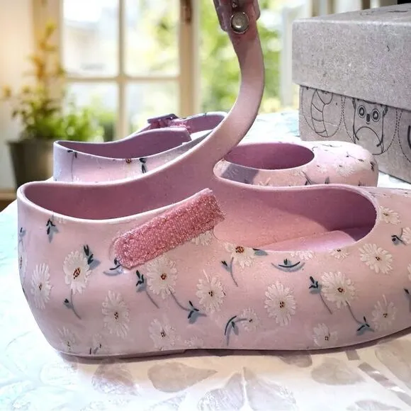 MINI MELISSA DORA Mary Jane Ballerina BABY PINK WHITE SHOES Toddler Size 8 EU 22