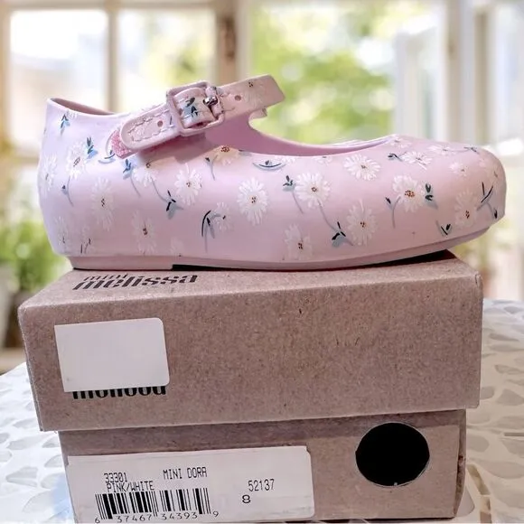 MINI MELISSA DORA Mary Jane Ballerina BABY PINK WHITE SHOES Toddler Size 8 EU 22