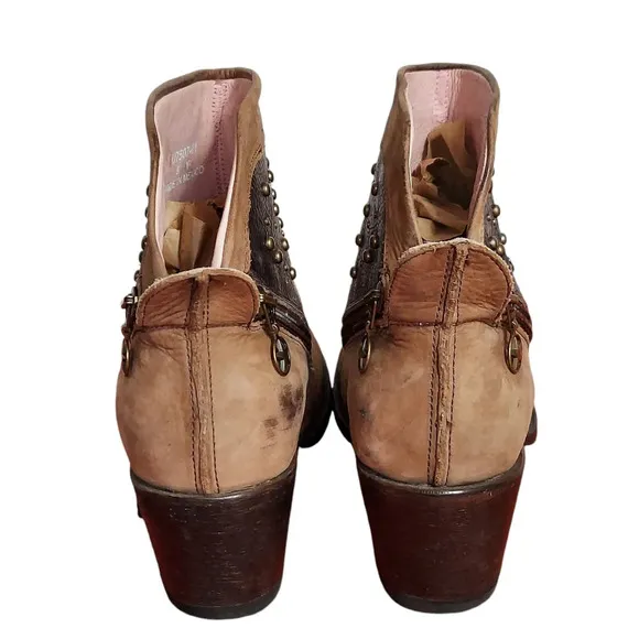 Miss Macie Piper Brown Tan Ribbed Leather Studded Dual Zip Cowgirl Boots