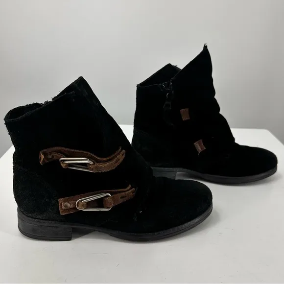Miz Mooz Moto Boots Suede Buckles Black Brown Womens EU 38