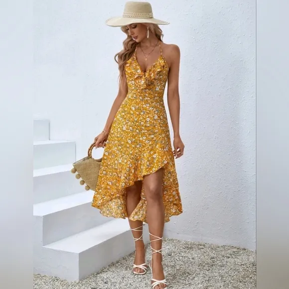 New Boho Floral Ruffle Cami Midi Dress Yellow White