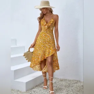 New Boho Floral Ruffle Cami Midi Dress Yellow White