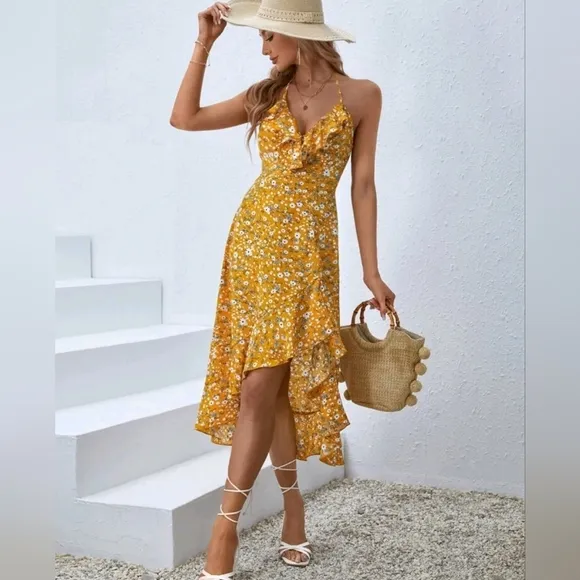 New Boho Floral Ruffle Cami Midi Dress Yellow White