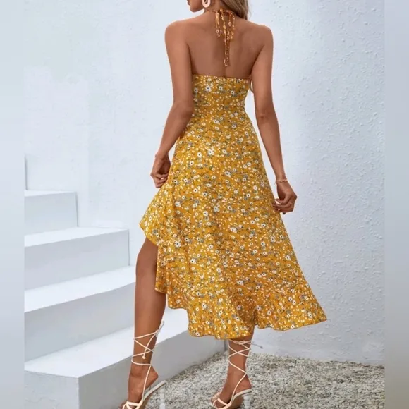 New Boho Floral Ruffle Cami Midi Dress Yellow White
