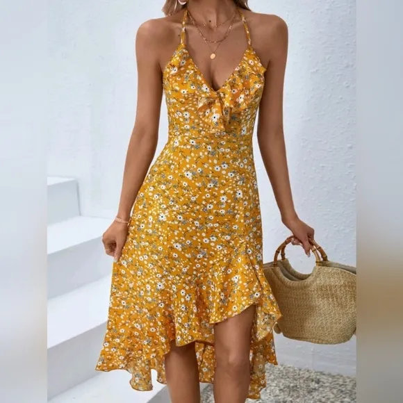 New Boho Floral Ruffle Cami Midi Dress Yellow White