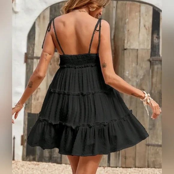 New Boho Swiss Polka Dot Babydoll Cami Mini Dress Sundress Black