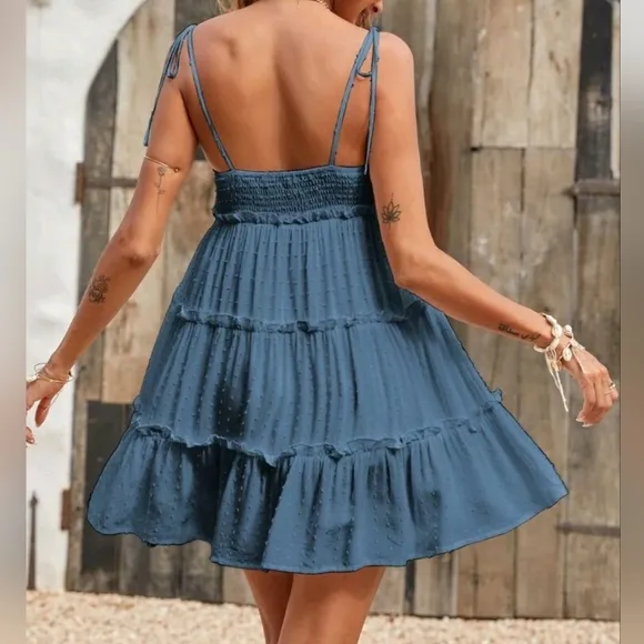 New Boho Swiss Polka Dot Babydoll Cami Mini Dress Sundress Dusty Blue