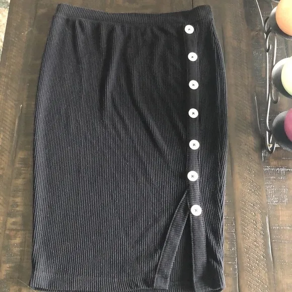 NEW Chaser Love Ribbed Button Down Pencil Skirt Black Size S Recycled Poly Blend