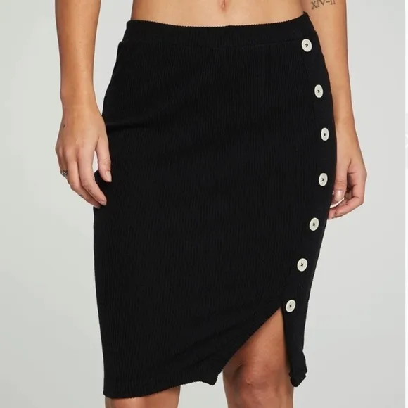 NEW Chaser Love Ribbed Button Down Pencil Skirt Black Size S Recycled Poly Blend