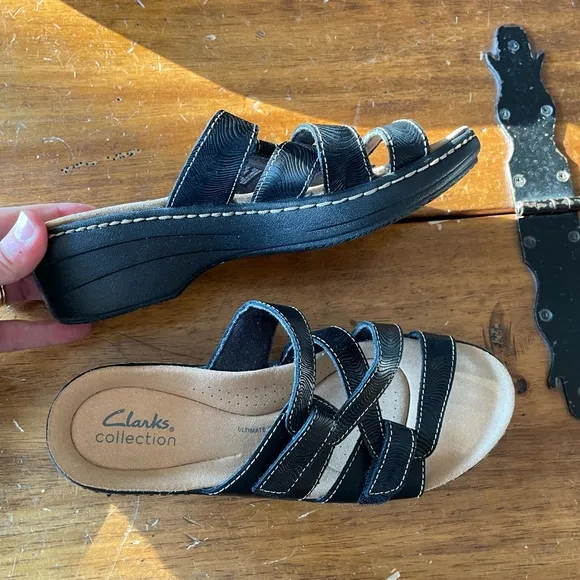 New Clarks Merliah Karli Black Leather Slip On Strappy Sandals Shoes Sz 7.5