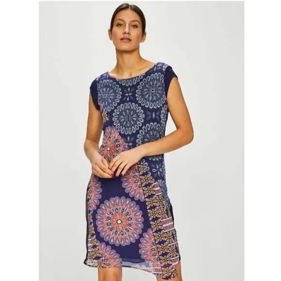 NEW Desigual Vest Kiroga Mini Dress Floral Print in Navy Blue Size small