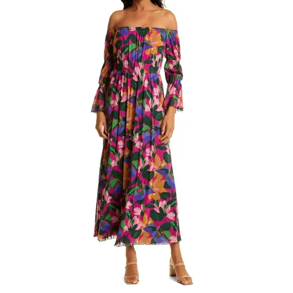NEW! Diane von Furstenberg L Off Shoulder Floral Maxi Dress Long Sleeve Pink
