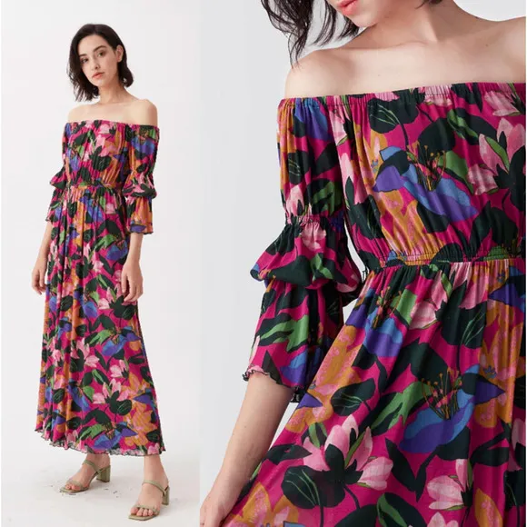 NEW! Diane von Furstenberg L Off Shoulder Floral Maxi Dress Long Sleeve Pink