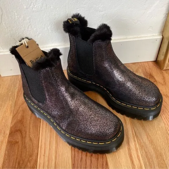 New Dr Marten 2976 Quad Platform Fur-Lined Metallic Boots- Black/Silver …