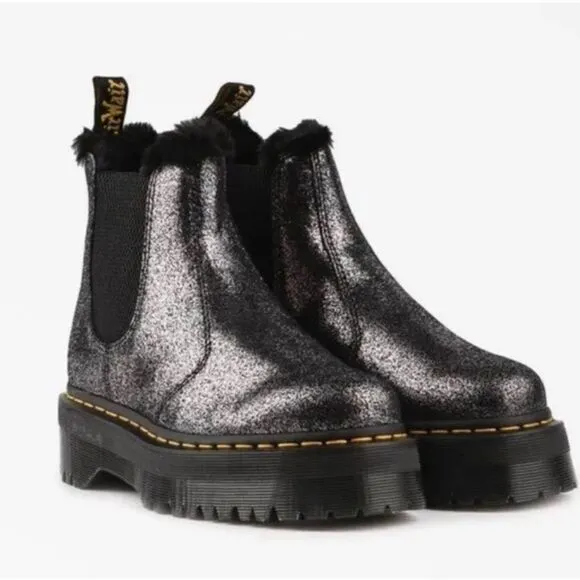 New Dr Marten 2976 Quad Platform Fur-Lined Metallic Boots- Black/Silver …