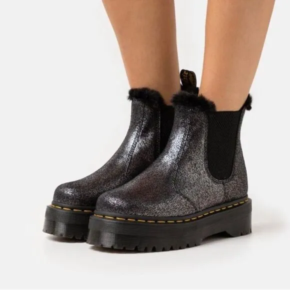 New Dr Marten 2976 Quad Platform Fur-Lined Metallic Boots- Black/Silver …